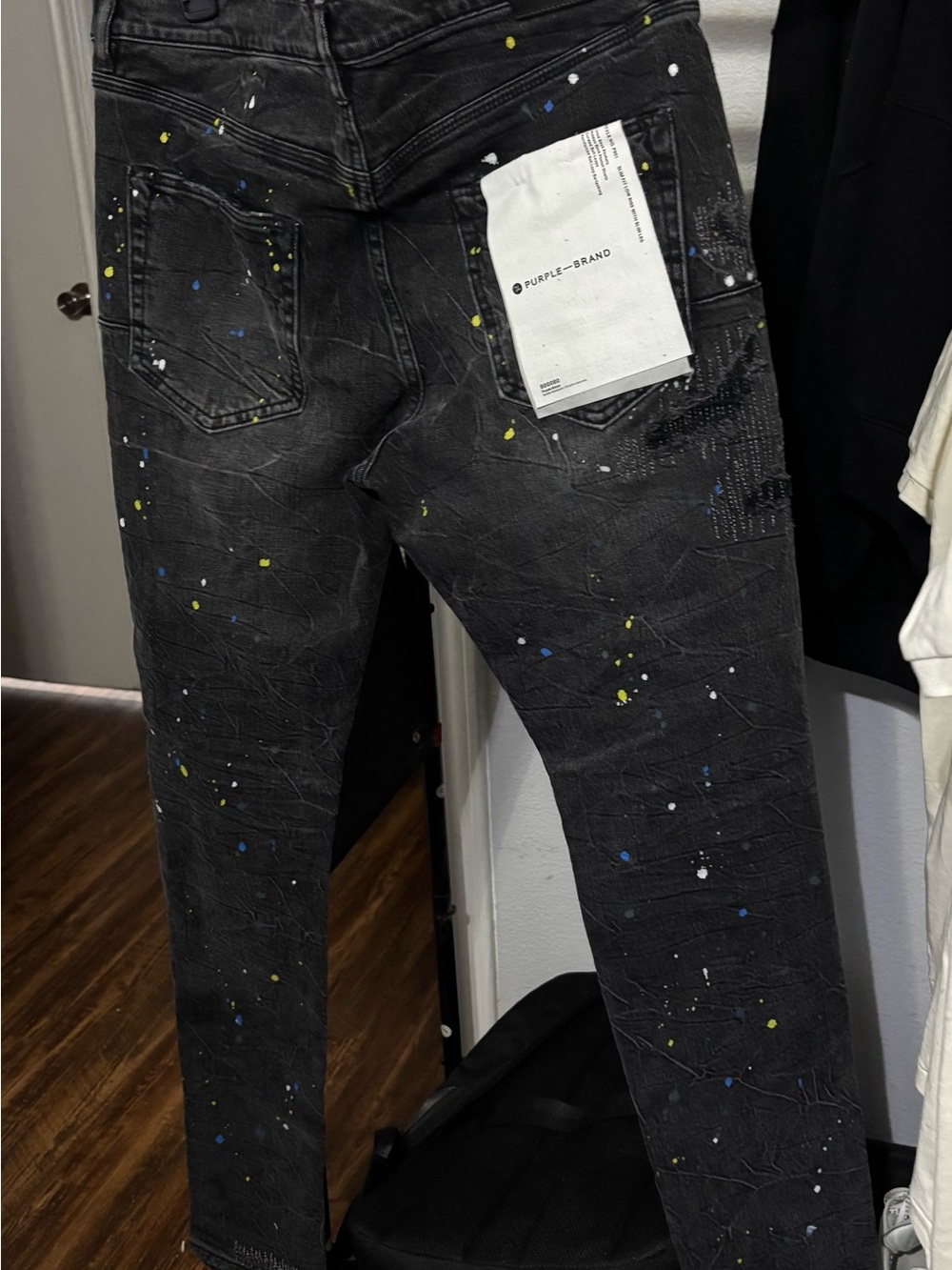 Paint Splatter Ripped Knee Skinny Jeans In Black Reflective Repair Paint - Picture 2 of 2